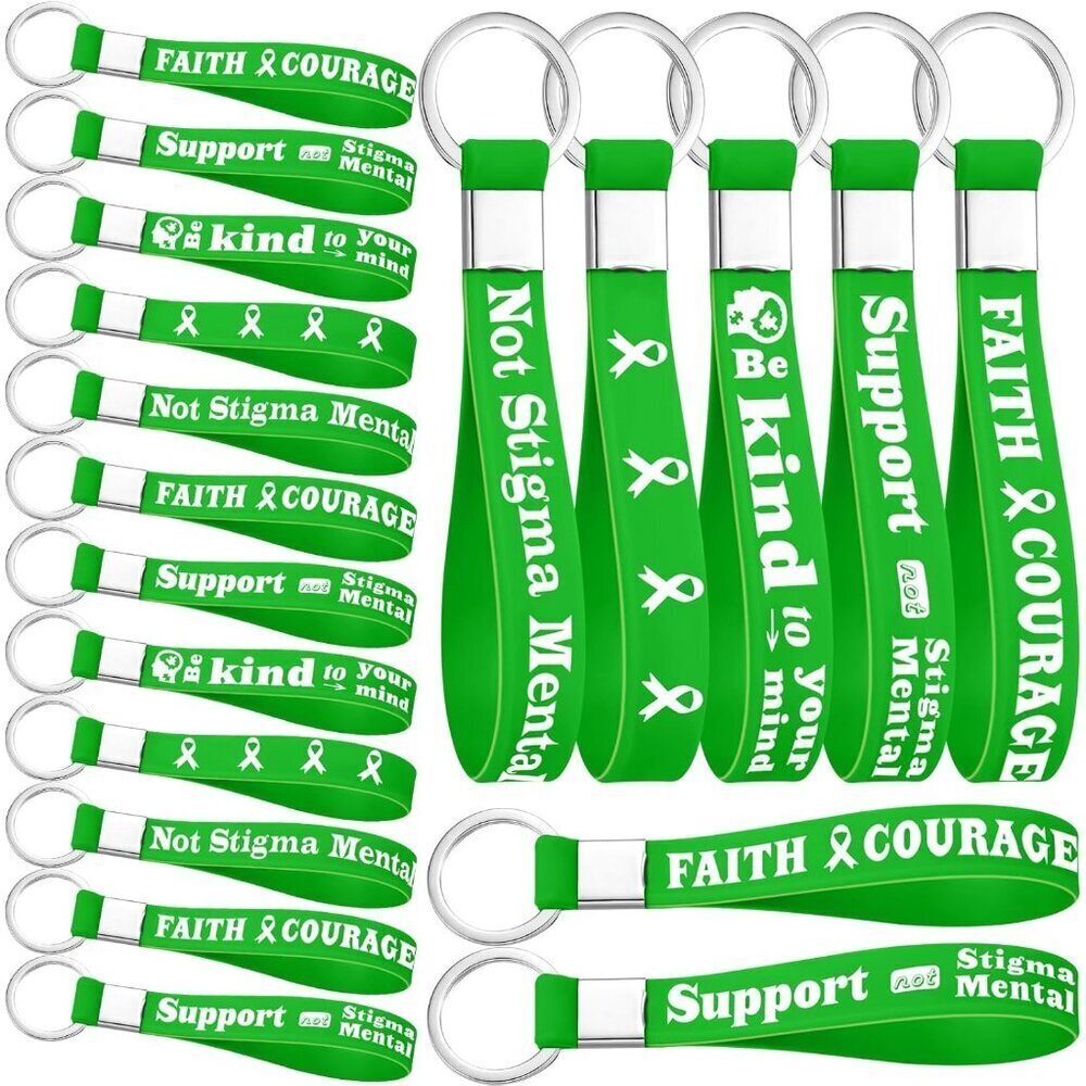 100 Pcs Mental Health Awareness Silicone Keychains Gifts Green Ribbon Unisex